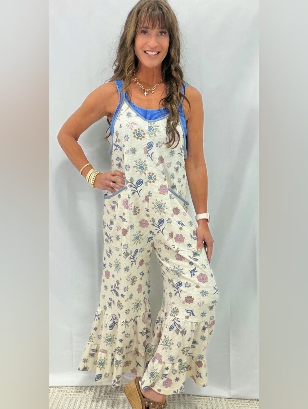 easel Cream Floral Ruffled-Leg Jumpsuit with Blue Trim